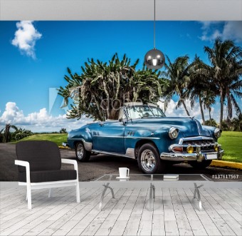 Picture of HDR - Blauer amerikanische Cabriolet Oldtimer parkt am Golfplatz von Varadero Kuba - Serie Kuba Reportage